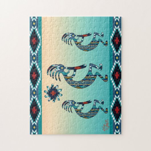 Drie Turquoise Southwest Kokopelli Jigzaag Puzzle Legpuzzel (Verticaal)