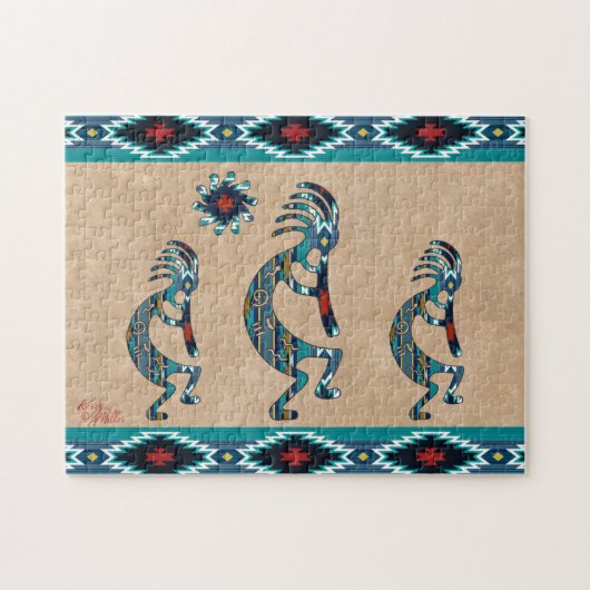 Drie Turquoise Southwest Kokopelli Jigzaag Puzzle Legpuzzel (Horizontaal)