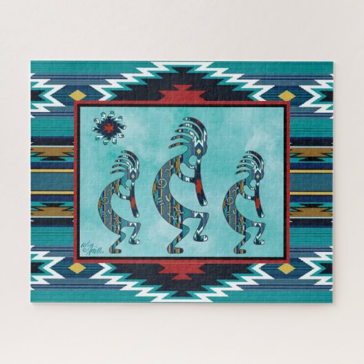 Drie Turquoise Southwest Kokopelli Jigzaag Puzzle Legpuzzel (Horizontaal)