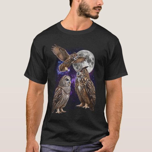 Drie Uil Maan Stelsel Retro Grafisch T-shirt (Voorkant)