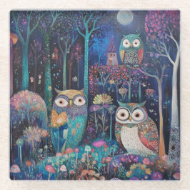 Drie uilen onder de volle maan glazen onderzetter