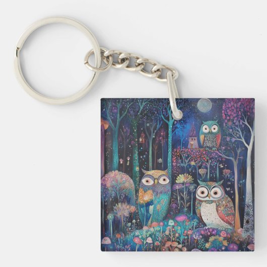 Drie uilen onder de volle maan sleutelhanger (voorkant)
