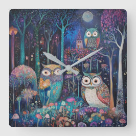 Drie uilen onder de volle maan vierkante klok
