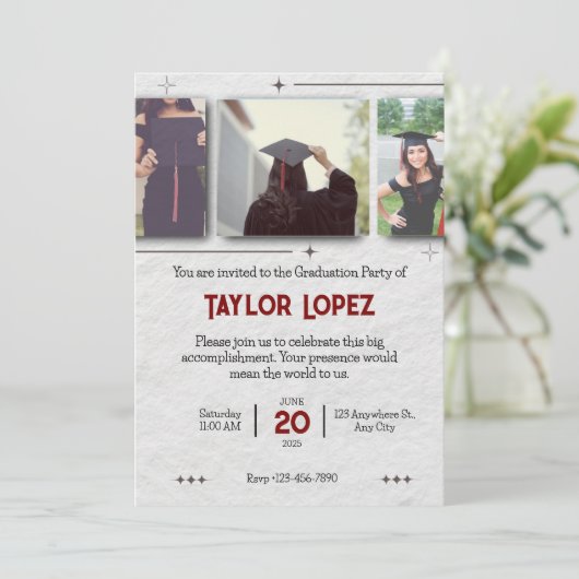 Drie uitnodigingen voor een foto-Afstuderen (Staand voorkant)