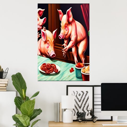 Drie varkens die bacon eten | AI Art Poster (Thuiskantoor)