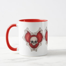 Drie Verbonden Gothic Red Hearts Skull en Botten Mok