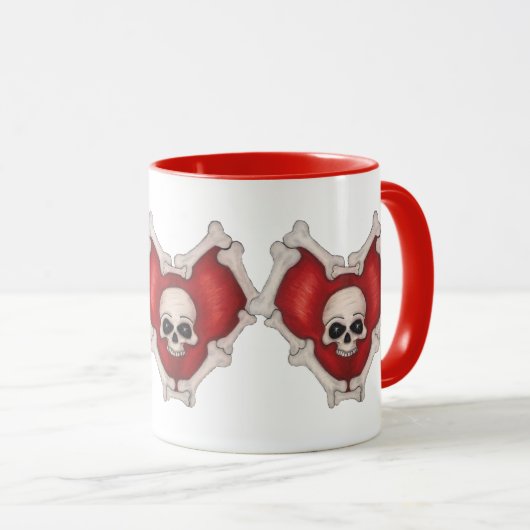 Drie Verbonden Gothic Red Hearts Skull en Botten Mok (Voorkant rechts)