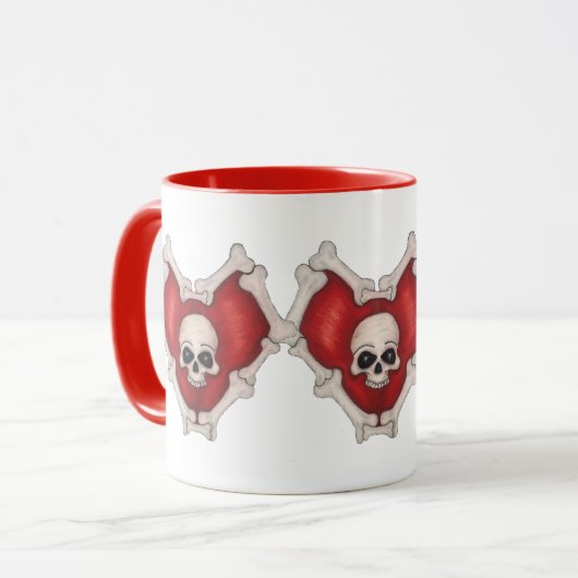 Drie Verbonden Gothic Red Hearts Skull en Botten Mok (Voorkant links)