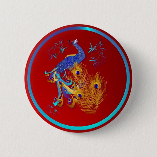 Drie veren en een Peacock-Button Ronde Button 5,7 Cm (Voorkant)