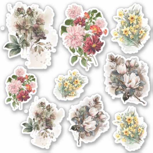 Drie verschillende bloemen stickerblad sticker (Voorkant)