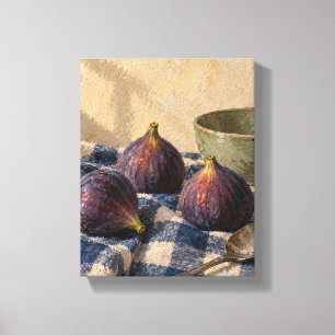 Drie vijgen op indigoblauw geruit Rustieke keuke Canvas Afdruk
