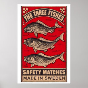 Drie Vissen Luciferdoosje Kunstprint, Zweeds Vinta Poster