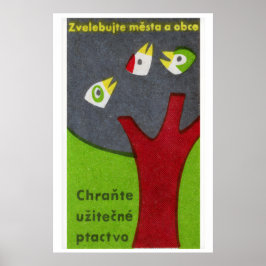 Drie vogels in boom - Matchbox-afdruk - Tsjechisch Poster