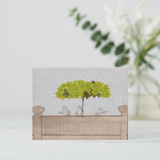 Drie vogels in de regen briefkaart (Staand voorkant)