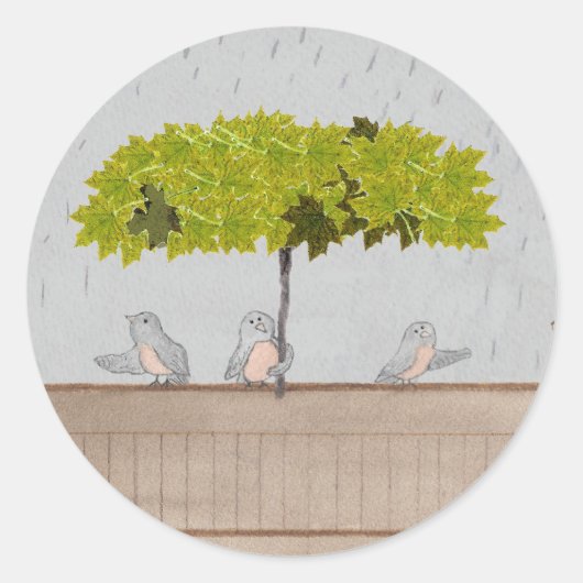 Drie vogels in de regen ronde sticker (Voorkant)