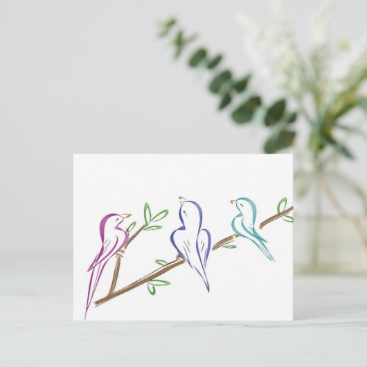 Drie vogels zitten op een tak briefkaart (Staand voorkant)