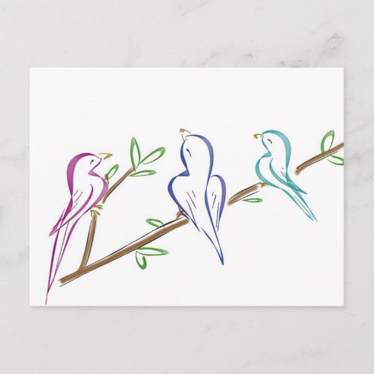 Drie vogels zitten op een tak briefkaart (Voorkant)