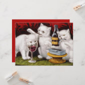 Drie vrolijke katjes op het feestmaal kaart (Voorkant / Achterkant in situ)