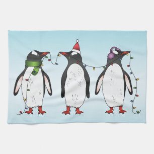 Drie Vrolijke Kerst Pinguïn Illustratie Theedoek