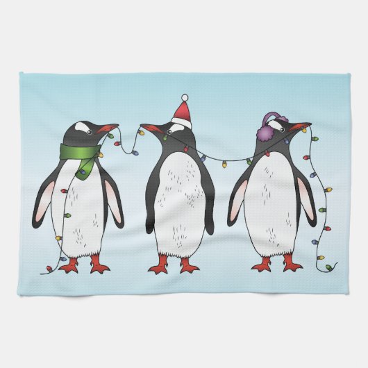 Drie Vrolijke Kerst Pinguïn Illustratie Theedoek (Horizontaal)