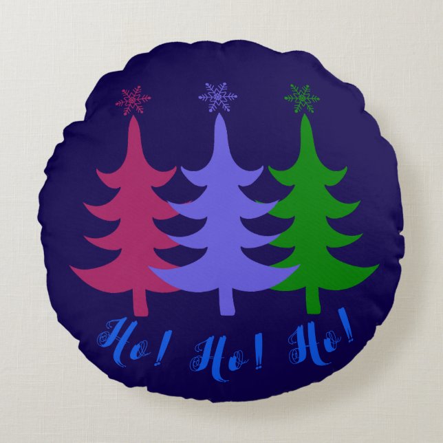 Drie vrolijke kerstbomen Ho! Ho! Ho! Rond Kussen (Voorkant)