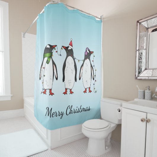Drie Vrolijke Kerstpinguïns Met Aangepaste Tekst Douchegordijn (In situ)