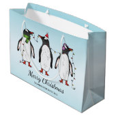 Drie Vrolijke Kerstpinguïns Met Aangepaste Tekst Groot Cadeauzakje (Achterkant Gekanteld)