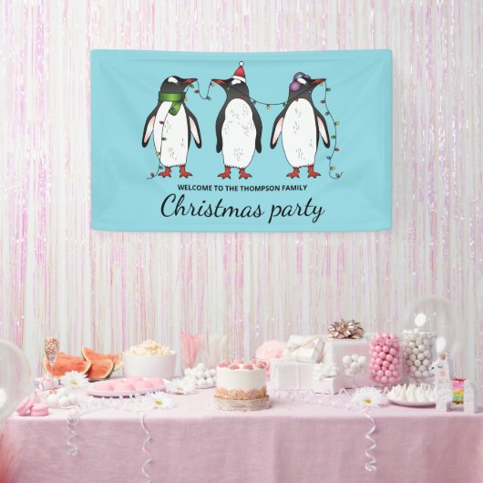 Drie Vrolijke Kerstpinguïns Met Aangepaste Tekst Spandoek (Feest)