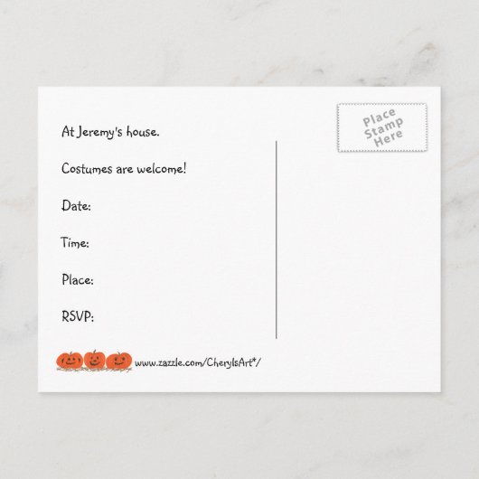 Drie vrolijke pompoenen Halloween party briefkaart (Achterkant)