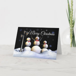 Drie vrolijke sneeuwfiguren in een winterwonderlan feestdagen kaart