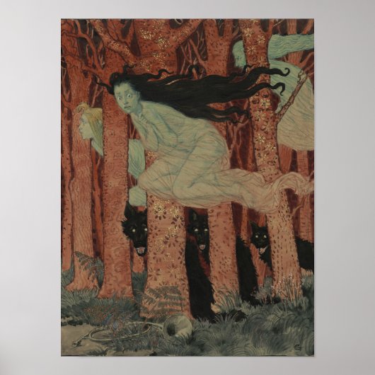 Drie vrouwen en drie wolven Eugène Grasset Poster (Voorkant)