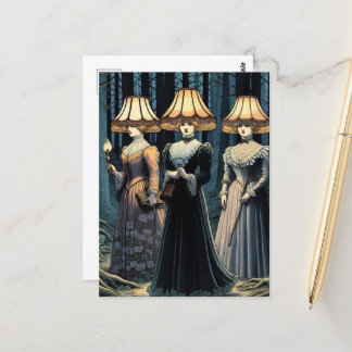 Drie vrouwen in het bos met lampenkap Petten Briefkaart