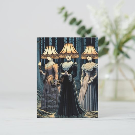 Drie vrouwen in het bos met lampenkap Petten Briefkaart (Staand voorkant)