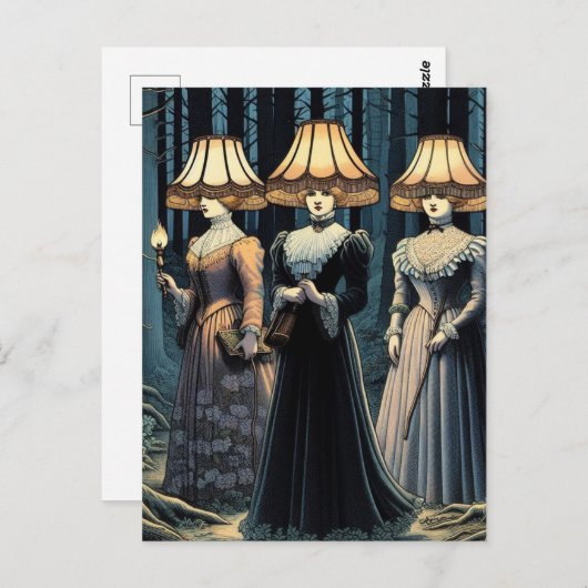 Drie vrouwen in het bos met lampenkap Petten Briefkaart (Voorkant / Achterkant)