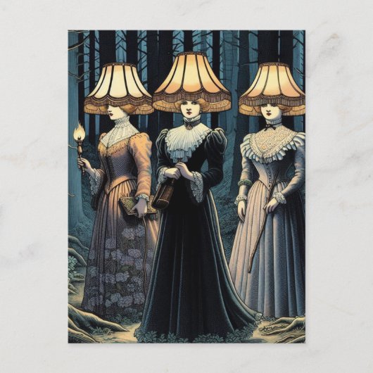 Drie vrouwen in het bos met lampenkap Petten Briefkaart (Voorkant)