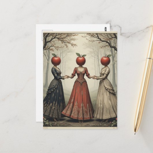 Drie vrouwen met appel hoofden dansen in het bos briefkaart (Voorkant / Achterkant in situ)