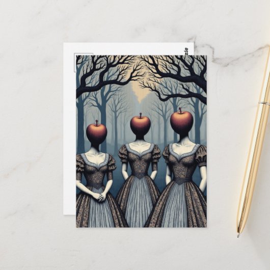 Drie vrouwen met appel hoofden in het bos briefkaart (Voorkant / Achterkant in situ)