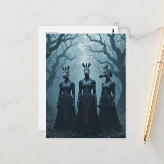 Drie vrouwen met zebra hoofden in het bos briefkaart (Voorkant / Achterkant in situ)
