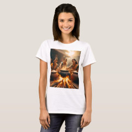 Drie vrouwen zitten rond een vuur met potten en pa t-shirt
