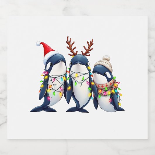 Drie walvissen dragen kerstmuts bier etiket (Enkel label)