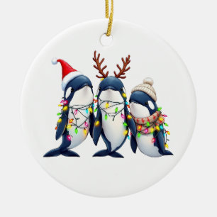 Drie walvissen dragen kerstmuts keramisch ornament