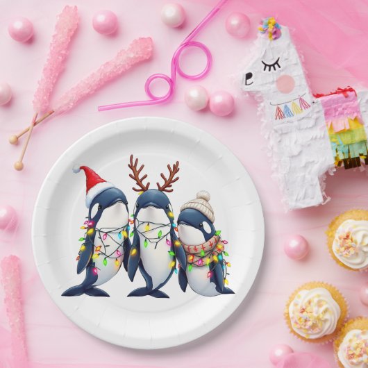 Drie walvissen dragen kerstmuts papieren bordje (Feest)