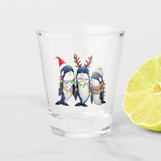 Drie walvissen dragen kerstmuts shot glas (Voorkant)