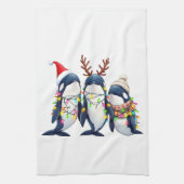 Drie walvissen dragen kerstmuts theedoek (Verticaal)