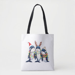 Drie walvissen dragen kerstmuts tote bag