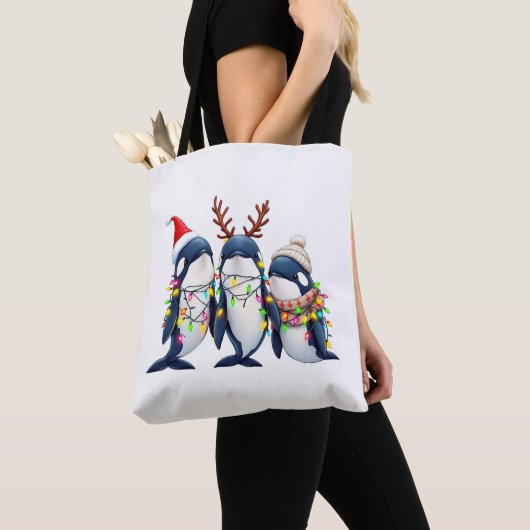 Drie walvissen dragen kerstmuts tote bag (Dichtbij)