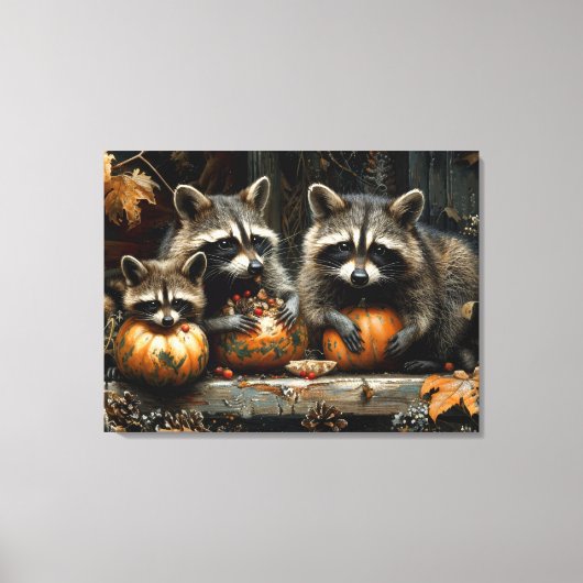 Drie Wasberen en Pompoenen Herfst 32x24 Canvas Afdruk (Voorkant)