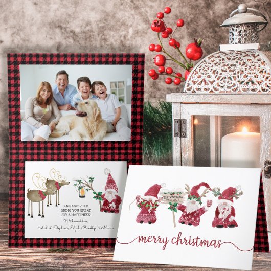 Drie Waterverf kerst met Gnomes Reindeer Feestdagen Kaart