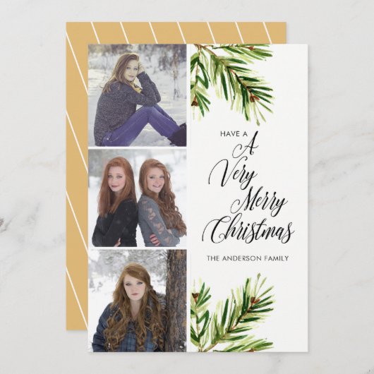 Drie Waterverf Pine Branches Kerstmis Feestdagenkaart (Voorkant / Achterkant)