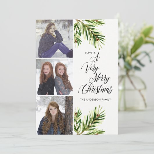 Drie Waterverf Pine Branches Kerstmis Feestdagenkaart (Staand voorkant)